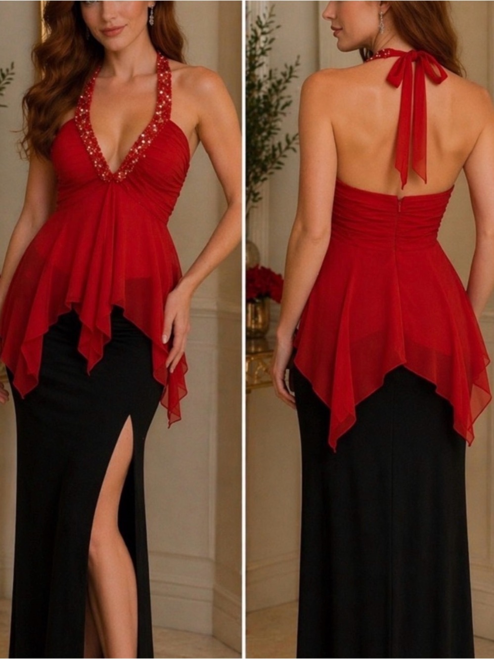 Red Halter Evening top with Handkerchief Hem